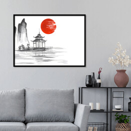 Plakat w ramie Tradycyjne japońskie malarstwo - altana na jeziorze na tle słońca