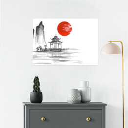 Plakat Tradycyjne japońskie malarstwo - altana na jeziorze na tle słońca