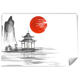 Fototapeta Tradycyjne japońskie malarstwo - altana na jeziorze na tle słońca