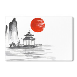 Obraz na płótnie Tradycyjne japońskie malarstwo - altana na jeziorze na tle słońca