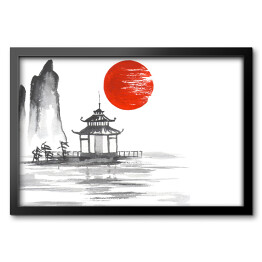 Obraz w ramie Tradycyjne japońskie malarstwo - altana na jeziorze na tle słońca