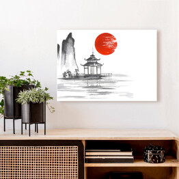Obraz na płótnie Tradycyjne japońskie malarstwo - altana na jeziorze na tle słońca