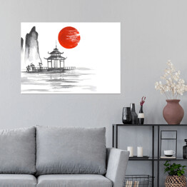 Plakat samoprzylepny Tradycyjne japońskie malarstwo - altana na jeziorze na tle słońca