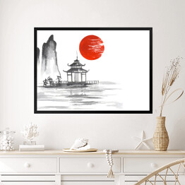 Obraz w ramie Tradycyjne japońskie malarstwo - altana na jeziorze na tle słońca