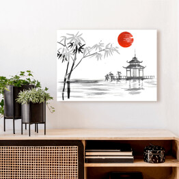 Obraz na płótnie Tradycyjne japońskie malarstwo - bambus i jezioro