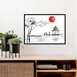 Plakat w ramie Tradycyjne japońskie malarstwo - bambus i jezioro