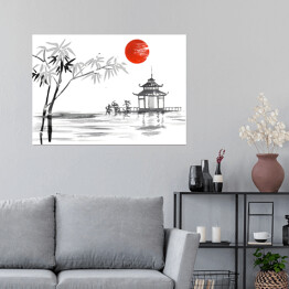 Plakat samoprzylepny Tradycyjne japońskie malarstwo - bambus i jezioro