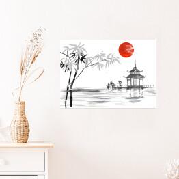 Plakat samoprzylepny Tradycyjne japońskie malarstwo - bambus i jezioro