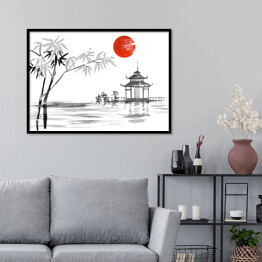 Plakat w ramie Tradycyjne japońskie malarstwo - bambus i jezioro