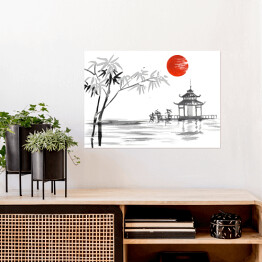 Plakat Tradycyjne japońskie malarstwo - bambus i jezioro