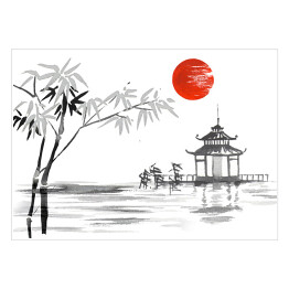 Plakat Tradycyjne japońskie malarstwo - bambus i jezioro