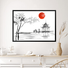 Obraz w ramie Tradycyjne japońskie malarstwo - bambus i jezioro