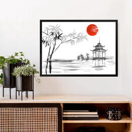 Obraz w ramie Tradycyjne japońskie malarstwo - bambus i jezioro