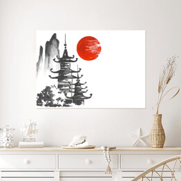 Plakat samoprzylepny Tradycyjny japoński obraz - dwie światynie w górach
