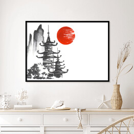 Plakat w ramie Tradycyjny japoński obraz - dwie światynie w górach