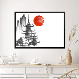 Obraz w ramie Tradycyjny japoński obraz - dwie światynie w górach