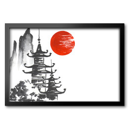 Obraz w ramie Tradycyjny japoński obraz - dwie światynie w górach