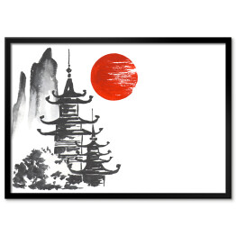 Plakat w ramie Tradycyjny japoński obraz - dwie światynie w górach