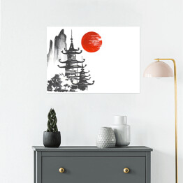 Plakat Tradycyjny japoński obraz - dwie światynie w górach