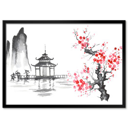 Plakat w ramie Tradycyjne japońskie malarstwo - świątynia nad jeziorem i kwitnąca wiśnia