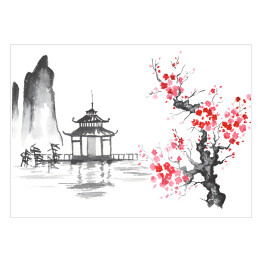 Plakat Tradycyjne japońskie malarstwo - świątynia nad jeziorem i kwitnąca wiśnia