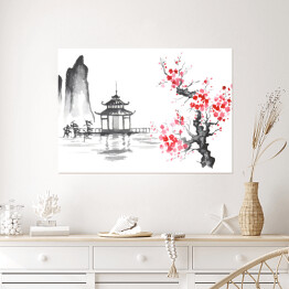 Plakat Tradycyjne japońskie malarstwo - świątynia nad jeziorem i kwitnąca wiśnia