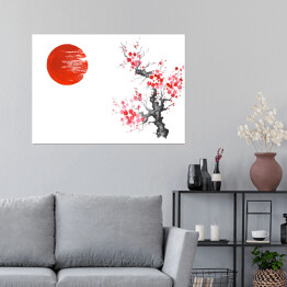 Plakat samoprzylepny Tradycyjne japońskie malarstwo - słońce i kwitnąca wiśnia