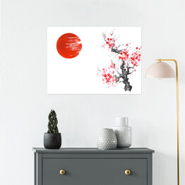 Plakat Tradycyjne japońskie malarstwo - słońce i kwitnąca wiśnia