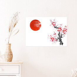 Tradycyjne japońskie malarstwo - słońce i kwitnąca wiśnia