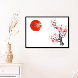 Plakat w ramie Tradycyjne japońskie malarstwo - słońce i kwitnąca wiśnia