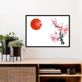 Plakat w ramie Tradycyjne japońskie malarstwo - słońce i kwitnąca wiśnia