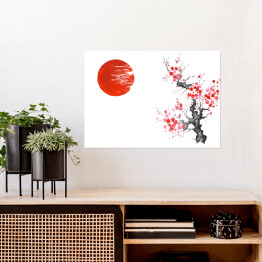 Plakat samoprzylepny Tradycyjne japońskie malarstwo - słońce i kwitnąca wiśnia