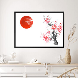 Obraz w ramie Tradycyjne japońskie malarstwo - słońce i kwitnąca wiśnia
