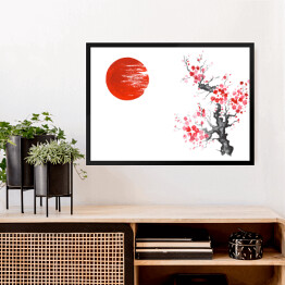Obraz w ramie Tradycyjne japońskie malarstwo - słońce i kwitnąca wiśnia