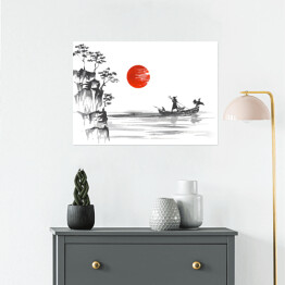 Plakat Tradycyjne japońskie malarstwo - porośnięte wzgórza i człowiek w łodzi