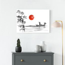 Obraz na płótnie Tradycyjne japońskie malarstwo - porośnięte wzgórza i człowiek w łodzi