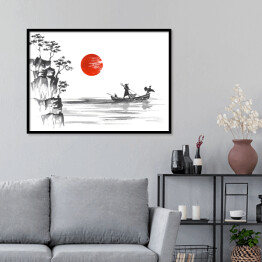 Plakat w ramie Tradycyjne japońskie malarstwo - porośnięte wzgórza i człowiek w łodzi