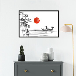 Plakat w ramie Tradycyjne japońskie malarstwo - porośnięte wzgórza i człowiek w łodzi