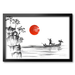 Obraz w ramie Tradycyjne japońskie malarstwo - porośnięte wzgórza i człowiek w łodzi