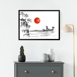 Obraz w ramie Tradycyjne japońskie malarstwo - porośnięte wzgórza i człowiek w łodzi