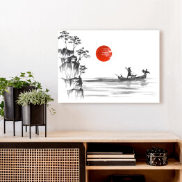 Obraz na płótnie Tradycyjne japońskie malarstwo - porośnięte wzgórza i człowiek w łodzi
