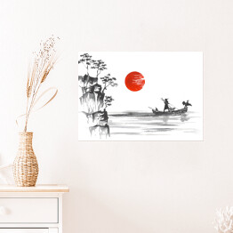 Plakat samoprzylepny Tradycyjne japońskie malarstwo - porośnięte wzgórza i człowiek w łodzi