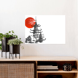 Plakat Tradycyjny japoński obraz - Świątynia i słońce