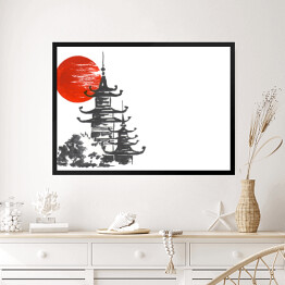 Obraz w ramie Tradycyjny japoński obraz - Świątynia i słońce