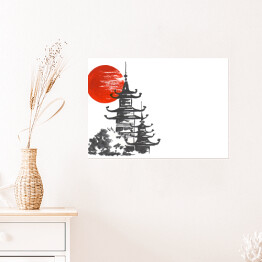 Plakat samoprzylepny Tradycyjny japoński obraz - Świątynia i słońce