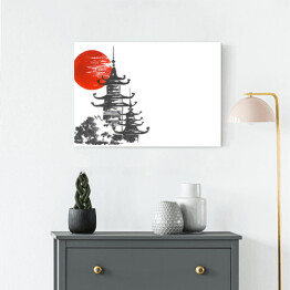 Obraz na płótnie Tradycyjny japoński obraz - Świątynia i słońce