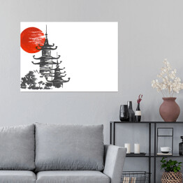 Plakat Tradycyjny japoński obraz - Świątynia i słońce