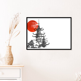 Plakat w ramie Tradycyjny japoński obraz - Świątynia i słońce