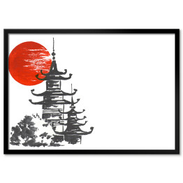 Plakat w ramie Tradycyjny japoński obraz - Świątynia i słońce