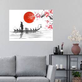 Plakat samoprzylepny Tradycyjny japoński obraz - Człowiek z łodzi i gałęzie wiśni